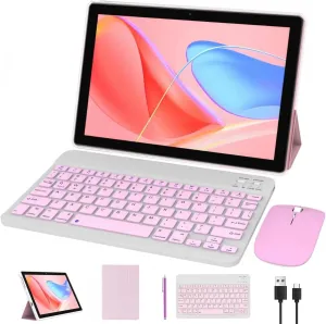 10 Inch Android 14 Tablet 2 in 1 With Keyboard - 64GB 8GB RAM, 10.1" Display, 8MP Camera, 6000mAh Battery - Includes Keyboard, Mouse, Case, Stylus Pen - Wifi-6, Bluetooth - Pink/Girl PC