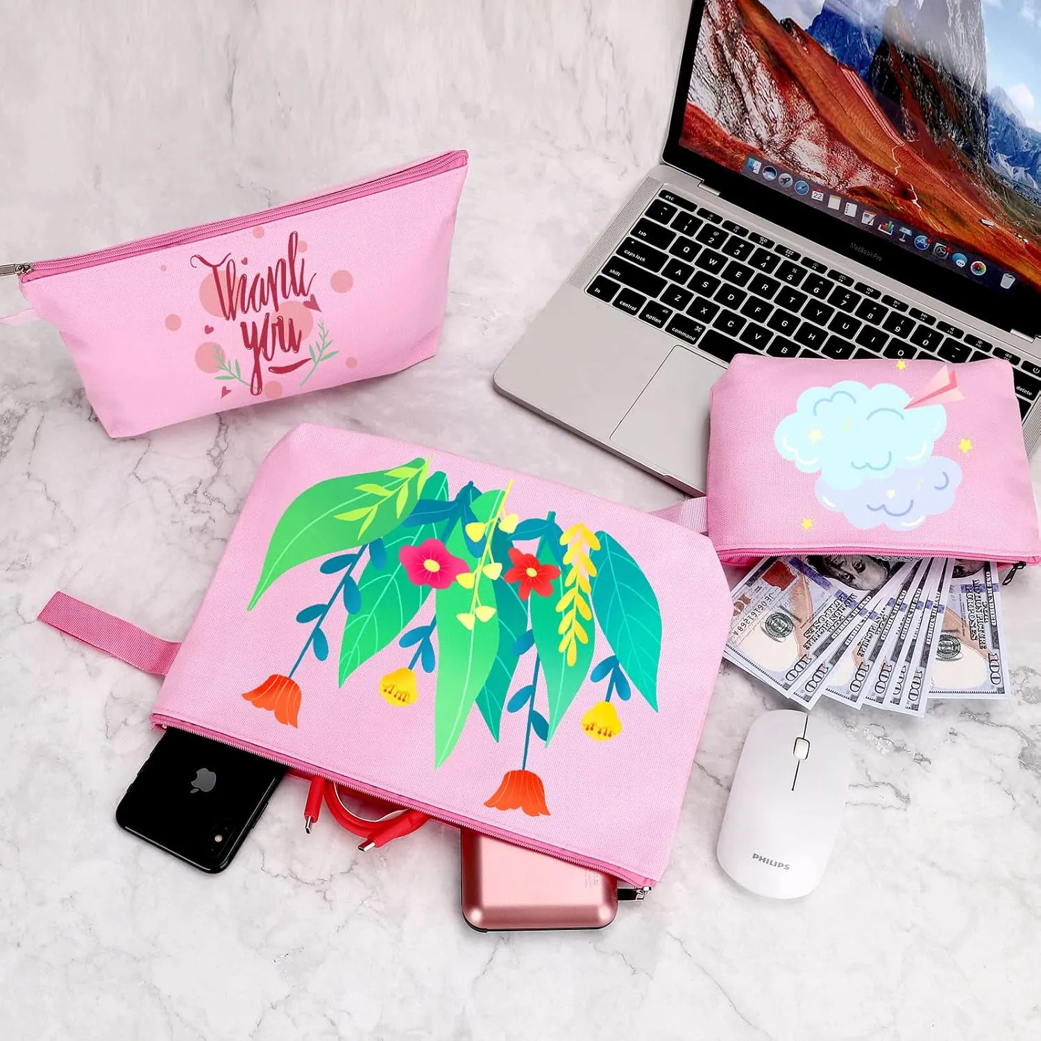 10 Pieces Cotton Canvas Makeup Bag with Bottom and Strap, Multi-Purpose Cosmetic Bag with Zipper Travel Toiletry Pouch, Blank DIY Craft Bag Pencil Bag (Pink, XS) (MN-WB07)