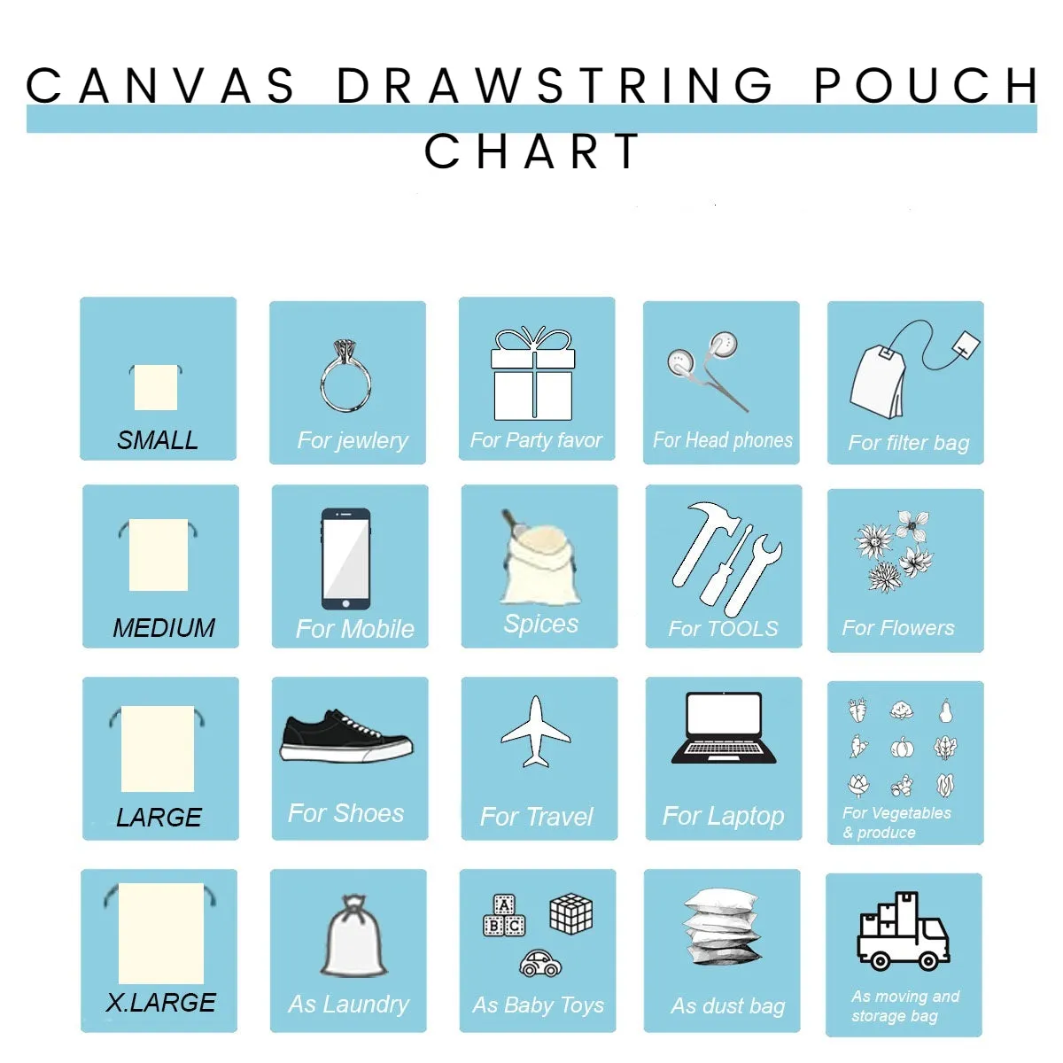 100% Cotton Canvas Double Drawstring Pouch for everyday use Pack of (12 x 16   8 x 10 Inches)