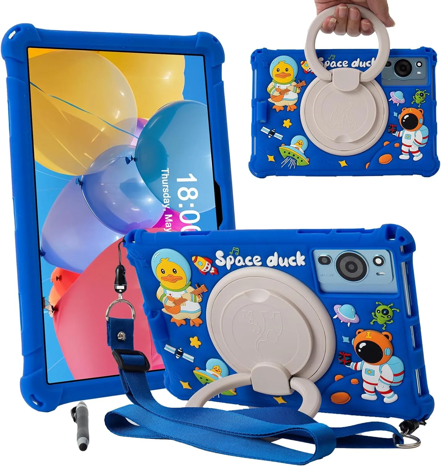 10.1 inch Android Tablet Case for Onn 10.1, ApoloSign EM101A,WDYQJE A55,TECLAST P30,CZZ C10,Freeski Lville HiGrace Plimpton, Silicone Cover 10'' with Strap 360 Rotating Handle Stand, Blue