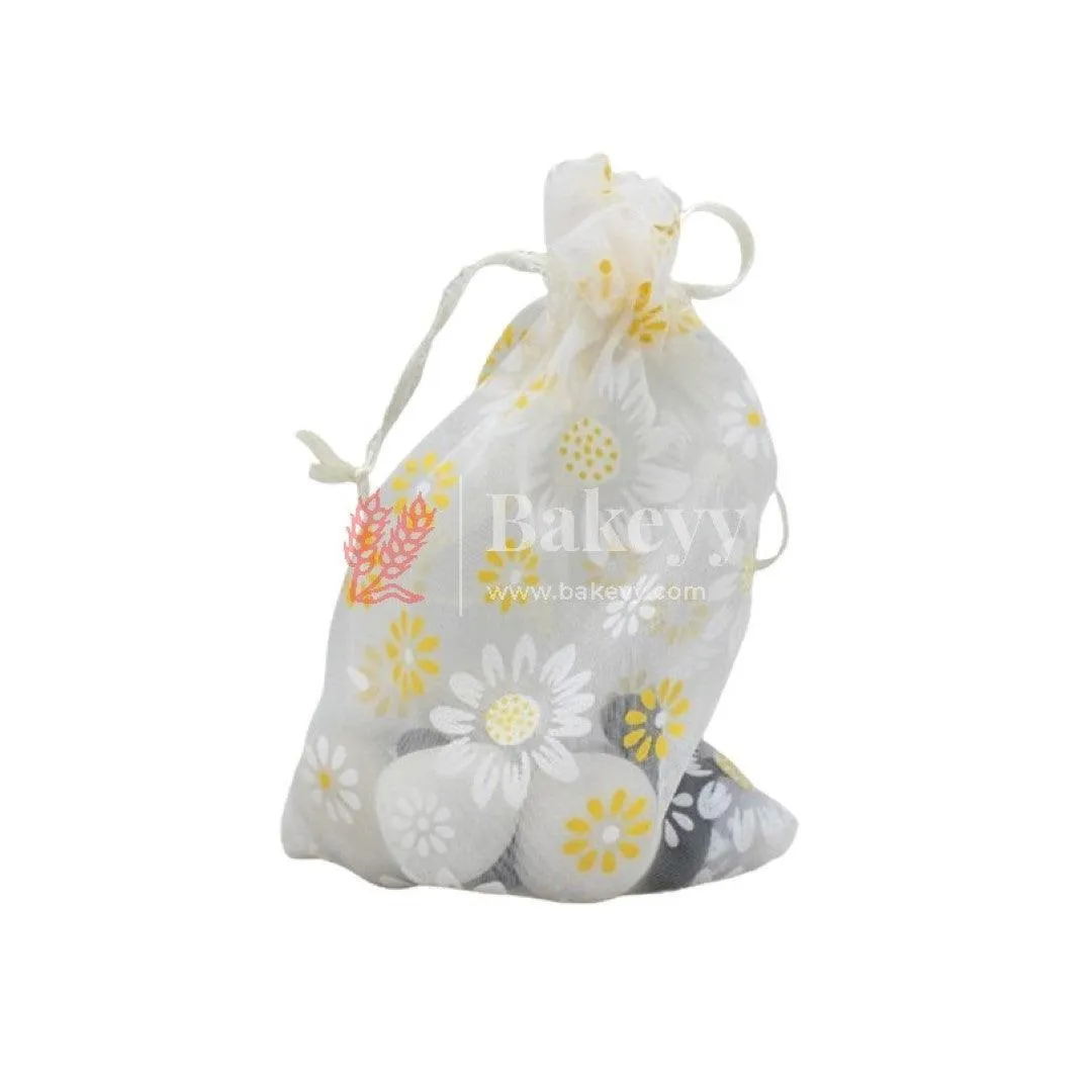 10x14 CM | Floral Design Organza Potli Bags | Pack of 100 | White Color | Candy Bag