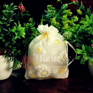 10x14 CM | Floral Design Organza Potli Bags | Pack of 100 | White Color | Candy Bag