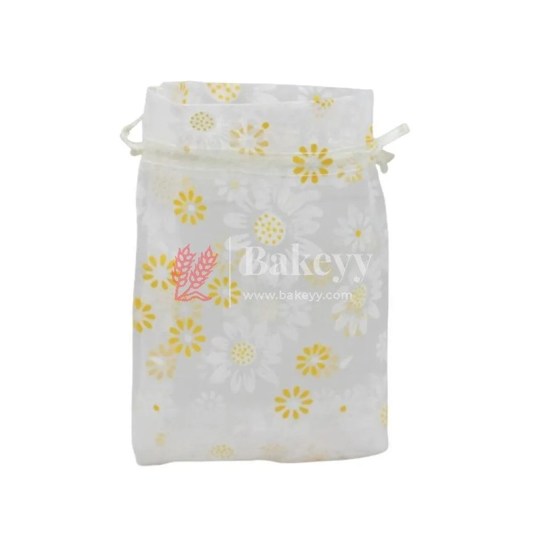 10x14 CM | Floral Design Organza Potli Bags | Pack of 100 | White Color | Candy Bag