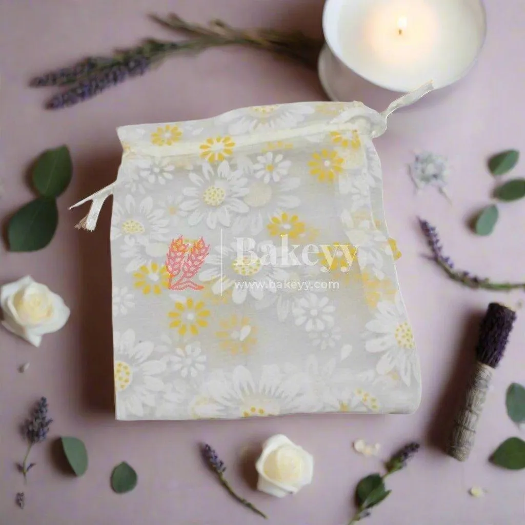 10x14 CM | Floral Design Organza Potli Bags | Pack of 100 | White Color | Candy Bag
