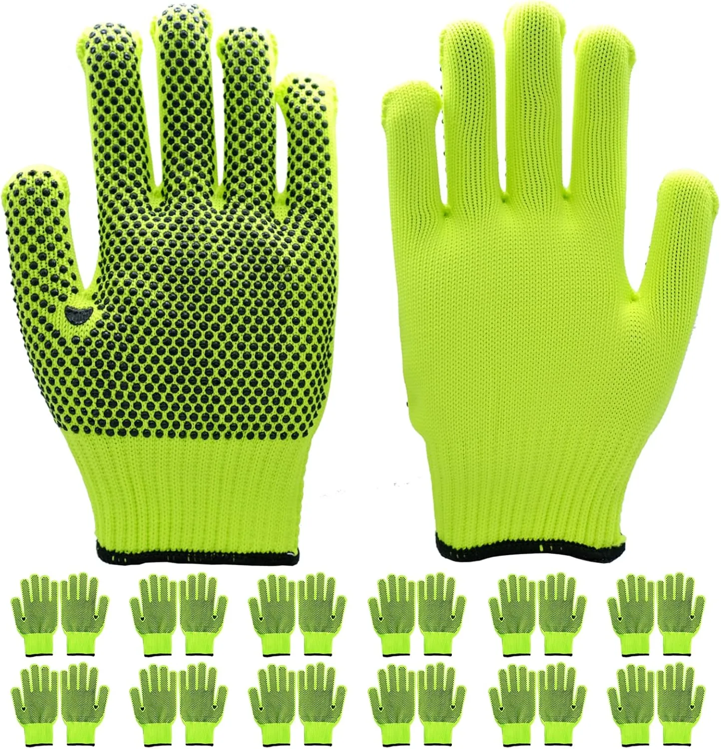 12 Pairs High Visibiliby Cotton Work Gloves with Anti-slip Dots for Men Women, Breathable Cotton Knit Grip Gloves for Gardening Warehouse Construction Mechanic Industrial, One Size Bulk