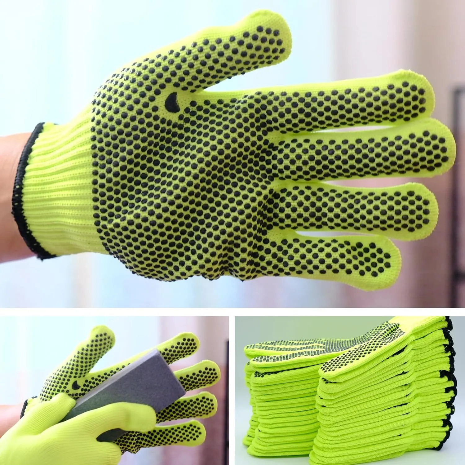 12 Pairs High Visibiliby Cotton Work Gloves with Anti-slip Dots for Men Women, Breathable Cotton Knit Grip Gloves for Gardening Warehouse Construction Mechanic Industrial, One Size Bulk