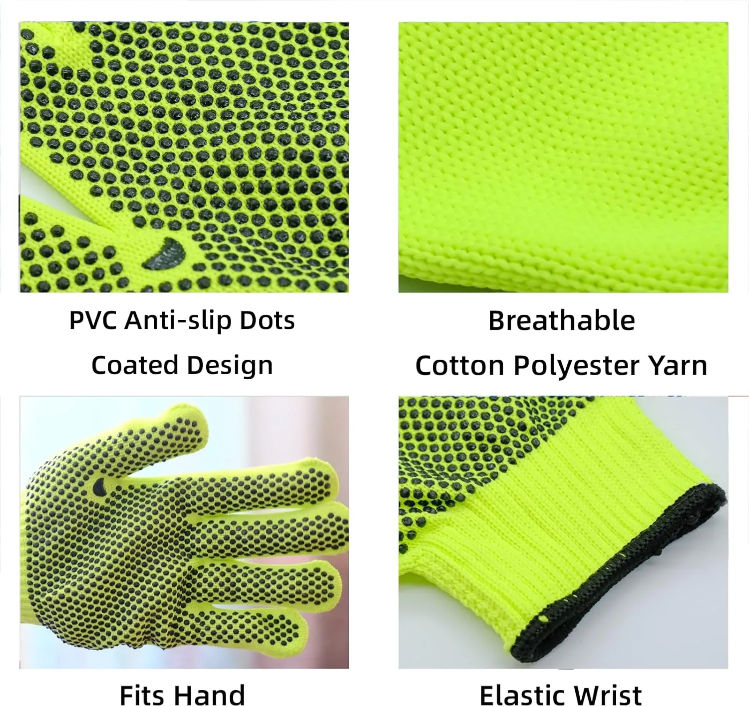 12 Pairs High Visibiliby Cotton Work Gloves with Anti-slip Dots for Men Women, Breathable Cotton Knit Grip Gloves for Gardening Warehouse Construction Mechanic Industrial, One Size Bulk