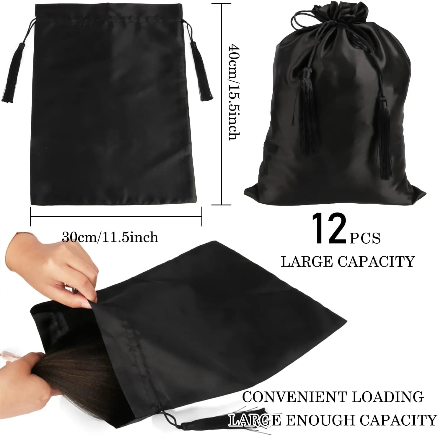 12 Pcs Large Silk Satin Bags Hair Storage Bag With Drawstring Tassel for Packaging Wigs-Bundles-Hair Extensions and Hair Tools 11.8x15.7Inch Multipurpose Large Bags