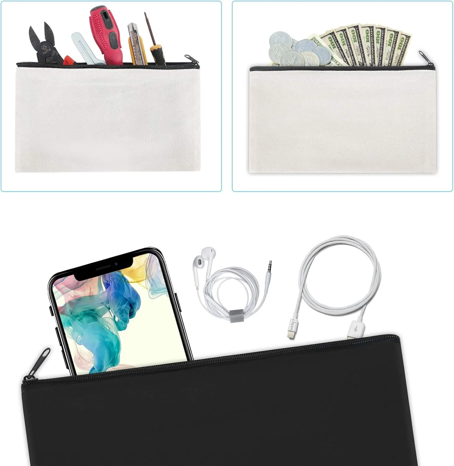 12 Pieces Black Cotton Canvas Makeup Bag, Multipurpose Cosmetic Bag with Zipper Travel Toiletry Pouch, Blank DIY Craft Bag (Black, L)
