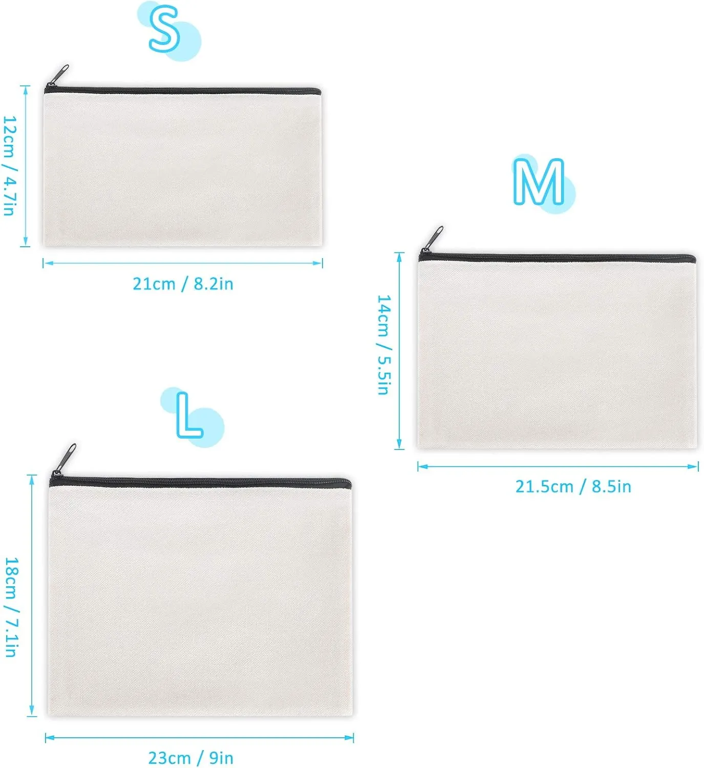 12 Pieces Black Cotton Canvas Makeup Bag, Multipurpose Cosmetic Bag with Zipper Travel Toiletry Pouch, Blank DIY Craft Bag (Black, L)