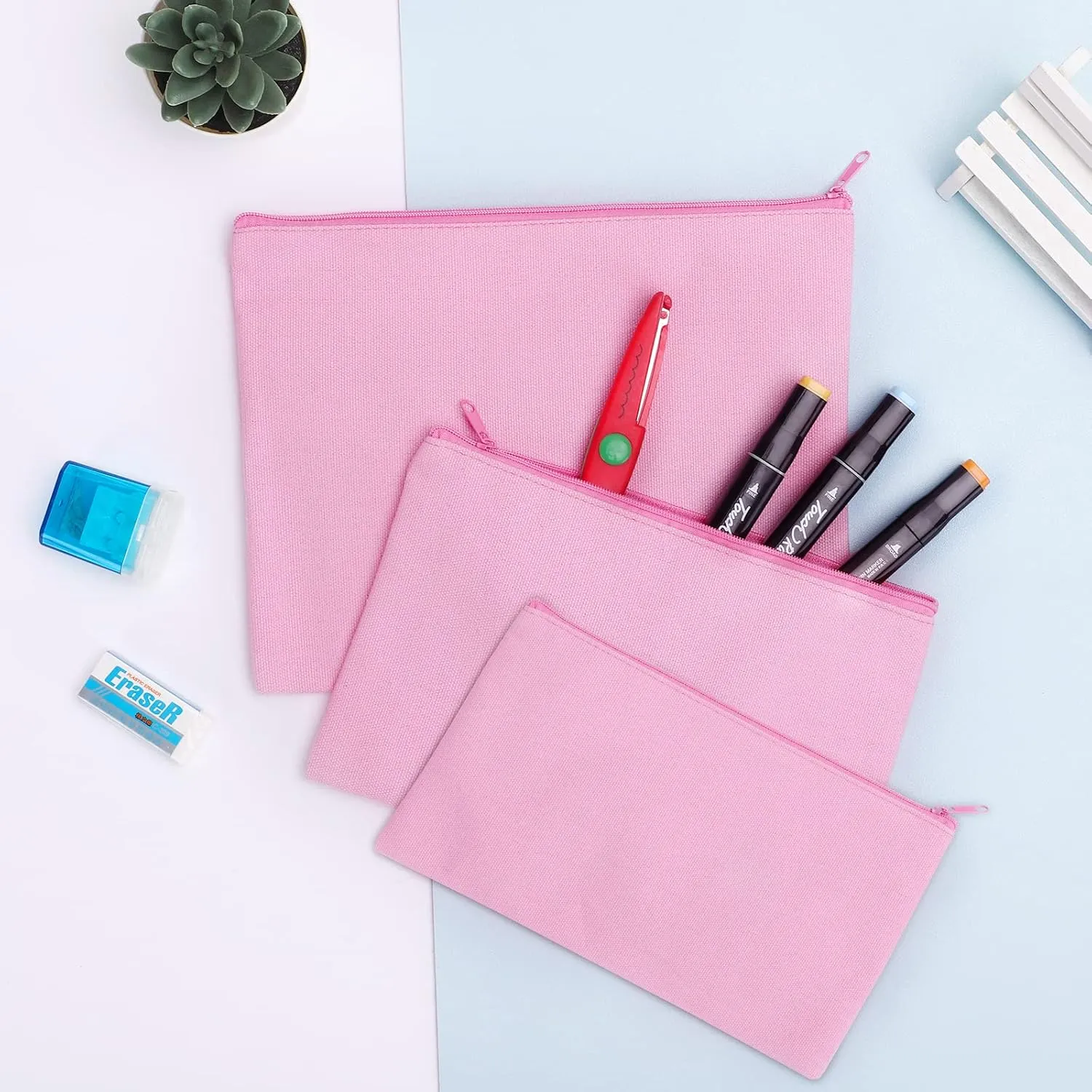 12 Pieces Cotton Canvas Makeup Bag, Multipurpose Cosmetic Bag with Zipper Travel Toiletry Pouch, Blank DIY Craft Bag (Pink, S)