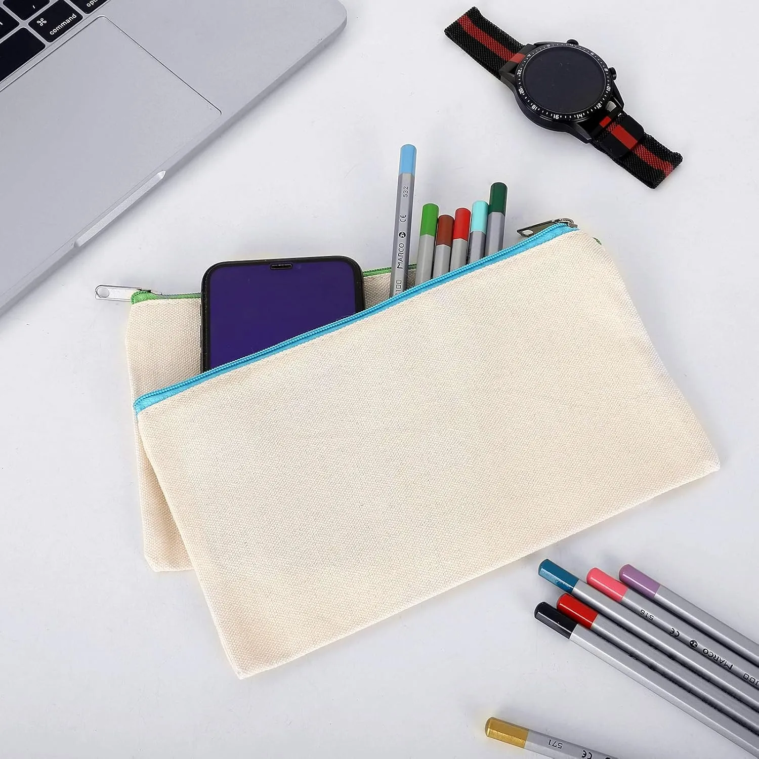 12 Pieces Cotton Canvas Makeup Bag, Multipurpose Cosmetic Bag with Zipper Travel Toiletry Pouch, Blank DIY Craft Bag (S)