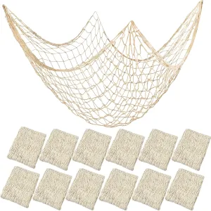 12 Pieces Natural Fish Net Decoration 80" x 40", Wall Hanging Cotton Fishnet Decor for Underwater, Mermaid, Pirate, Hawaiian, Nautical Ocean Theme Beach Bash Party Decoration (Beige)