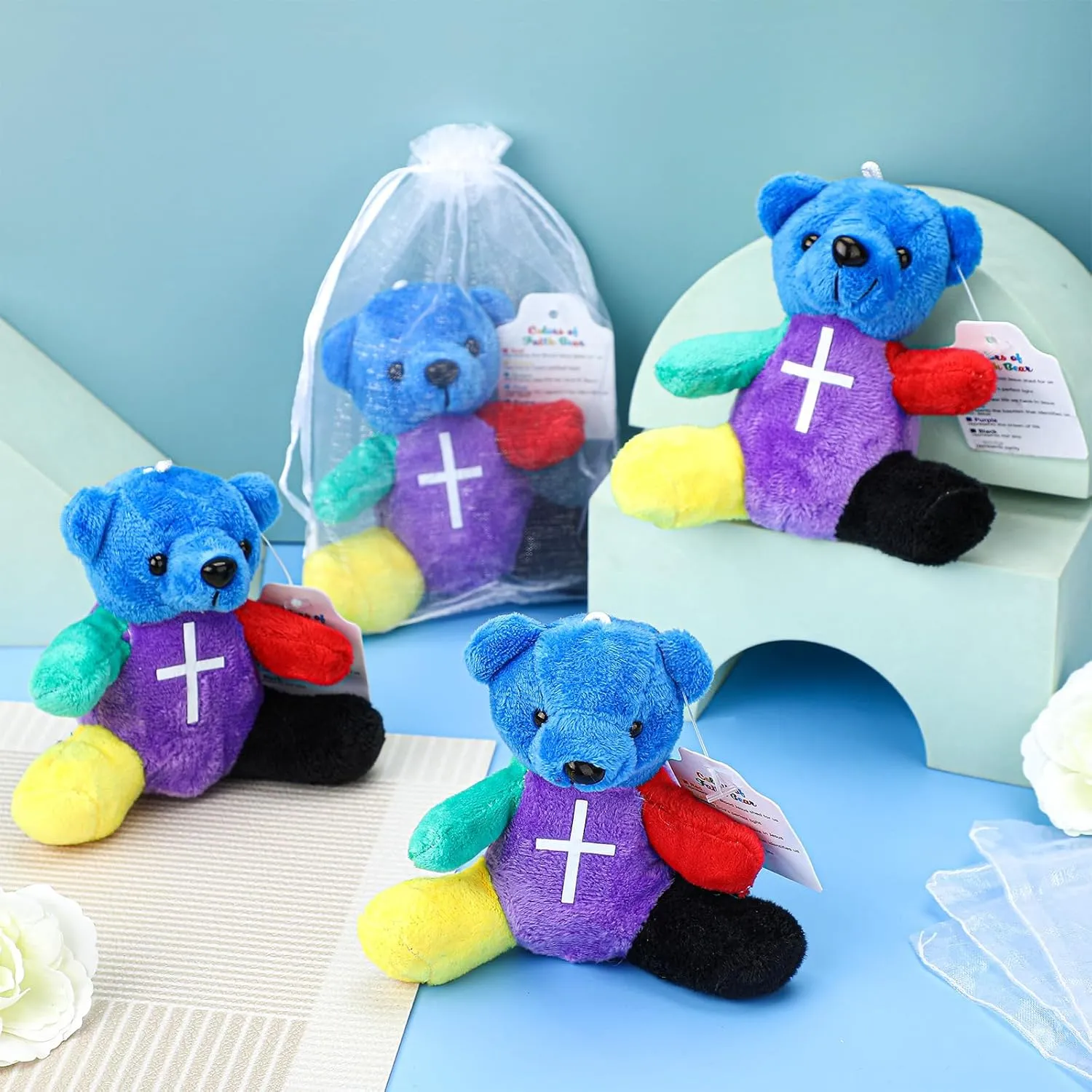 12 Sets Color of Faith Stuffed Bears 4.2'' Religious Mini Plush Bears Christian VBS Sunday School Craft Gifts Rainbow Bible Verse for Baptism Party Favor Gifts Box Stuffers