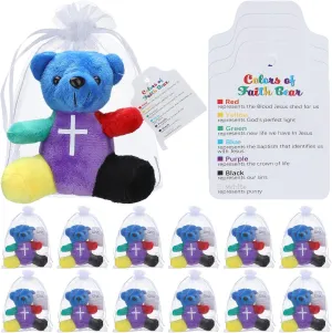 12 Sets Color of Faith Stuffed Bears 4.2'' Religious Mini Plush Bears Christian VBS Sunday School Craft Gifts Rainbow Bible Verse for Baptism Party Favor Gifts Box Stuffers