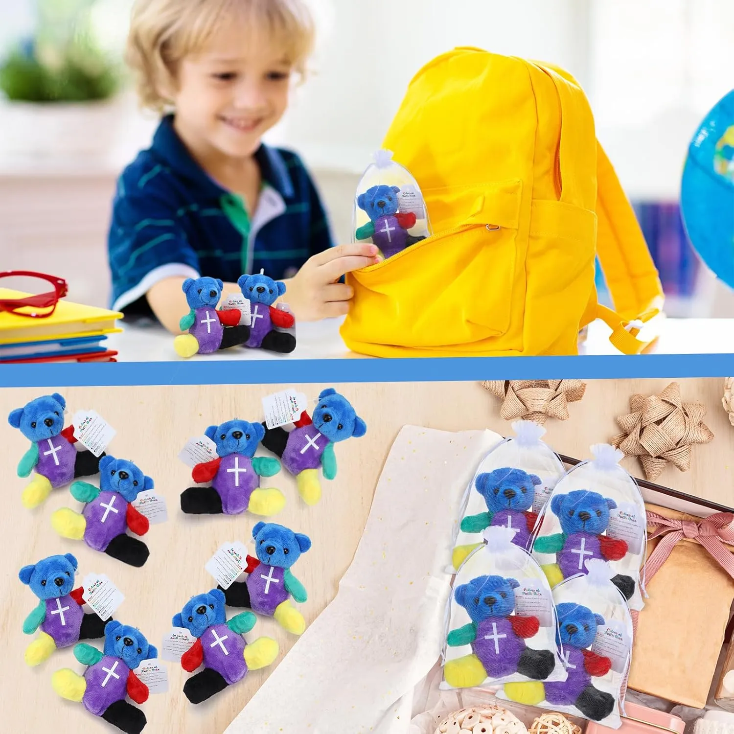 12 Sets Color of Faith Stuffed Bears 4.2'' Religious Mini Plush Bears Christian VBS Sunday School Craft Gifts Rainbow Bible Verse for Baptism Party Favor Gifts Box Stuffers