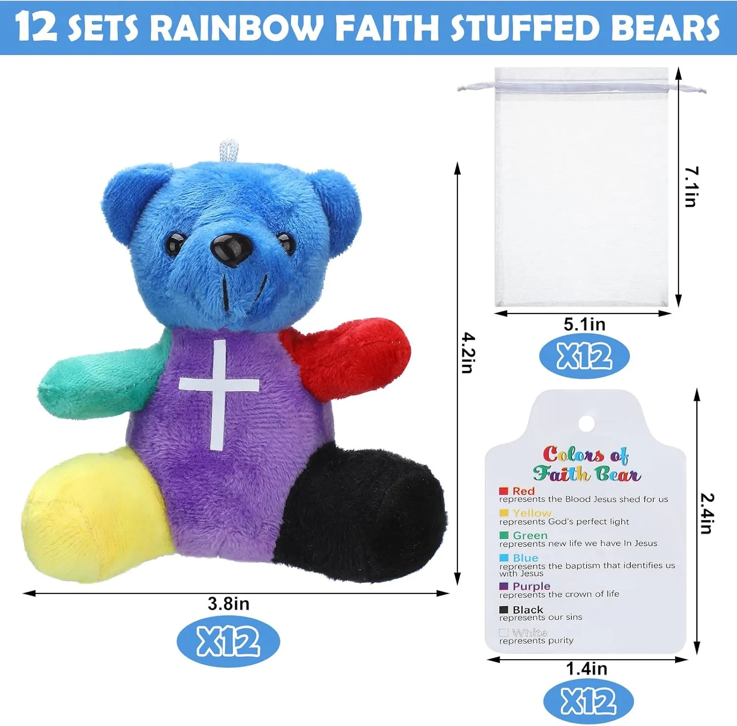 12 Sets Color of Faith Stuffed Bears 4.2'' Religious Mini Plush Bears Christian VBS Sunday School Craft Gifts Rainbow Bible Verse for Baptism Party Favor Gifts Box Stuffers