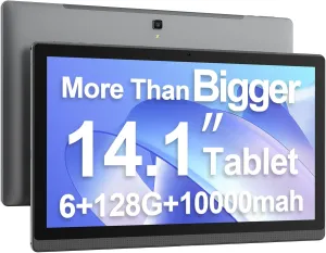 14.1 Inch Android Tablet, 2025 Large Screen Tablet with1080P IPS FHD Display, RAM 6GB, ROM128GB, 1TB Expand, WiFi 6, 8 Core CPU, 2 Years Protection, 10000 mAh 10 Hours Long Battery Life-Grey
