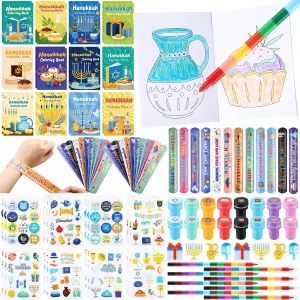 144 Pcs Hanukkah Gifts Bulk Hanukkah Party Favors Coloring Book Sets Include Chanukah Slap Bracelets Erasers Crayon Hexagram Star Menorah Dreidel Stickers Stampers for Goodie Bag Stuffer