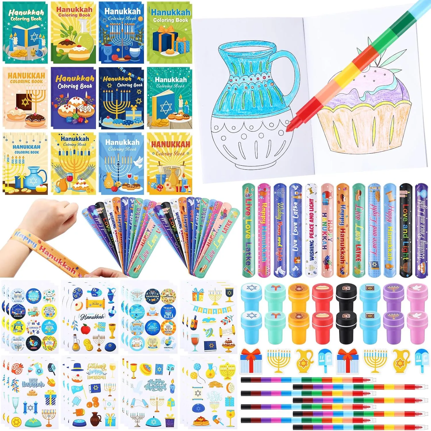 144 Pcs Hanukkah Gifts Bulk Hanukkah Party Favors Coloring Book Sets Include Chanukah Slap Bracelets Erasers Crayon Hexagram Star Menorah Dreidel Stickers Stampers for Goodie Bag Stuffer