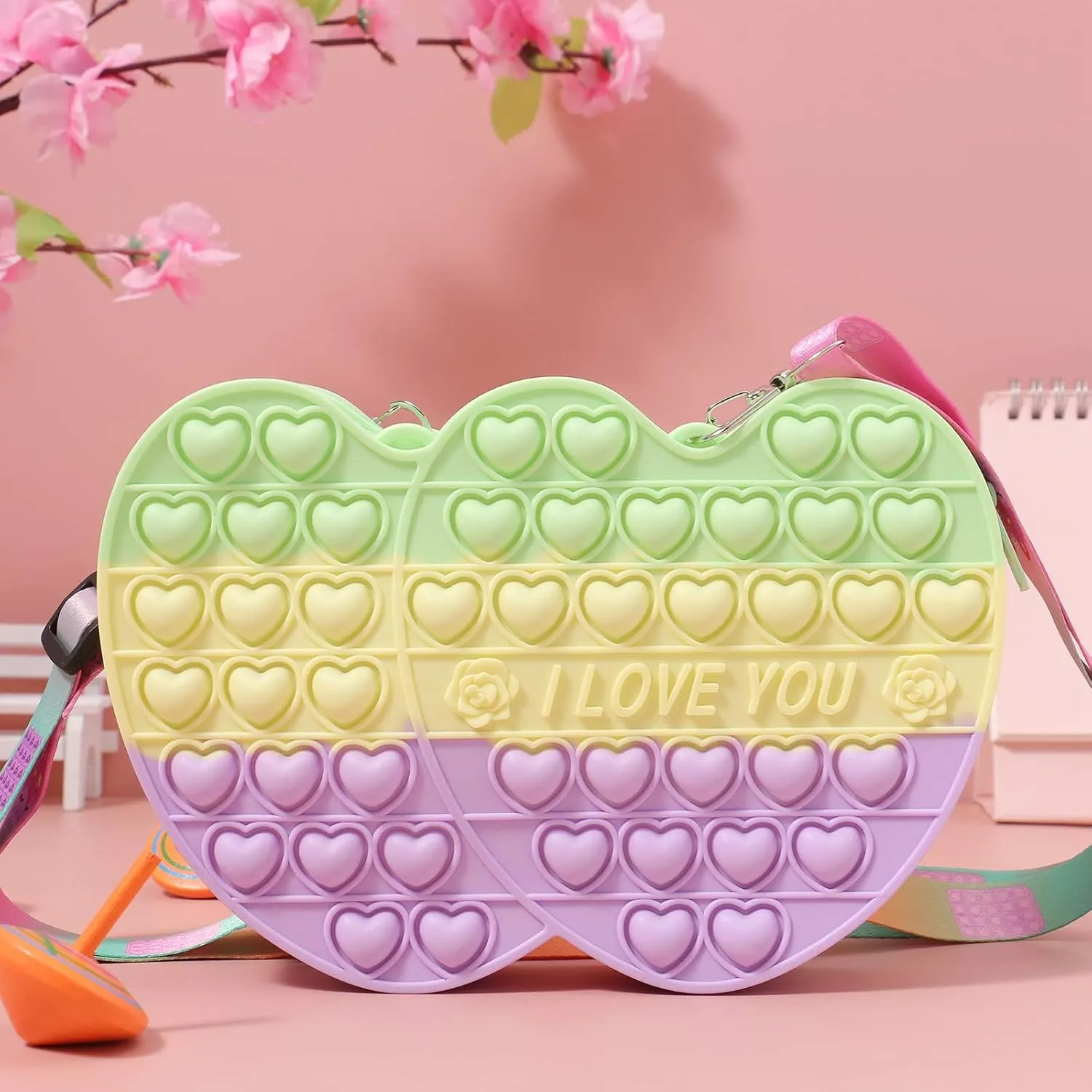 14Pcs Valentines Day Gifts for Kids Pop Purse Shoulder Bag Fidget Toys Pack with Cute Mini Heart Keychain Fidget Bracelet Fidgets It Push Pop Stress Relief Autism Sensory Toys (Pack B)