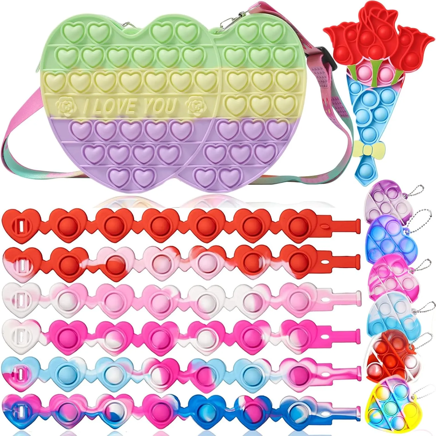 14Pcs Valentines Day Gifts for Kids Pop Purse Shoulder Bag Fidget Toys Pack with Cute Mini Heart Keychain Fidget Bracelet Fidgets It Push Pop Stress Relief Autism Sensory Toys (Pack B)