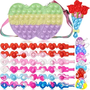 14Pcs Valentines Day Gifts for Kids Pop Purse Shoulder Bag Fidget Toys Pack with Cute Mini Heart Keychain Fidget Bracelet Fidgets It Push Pop Stress Relief Autism Sensory Toys (Pack B)