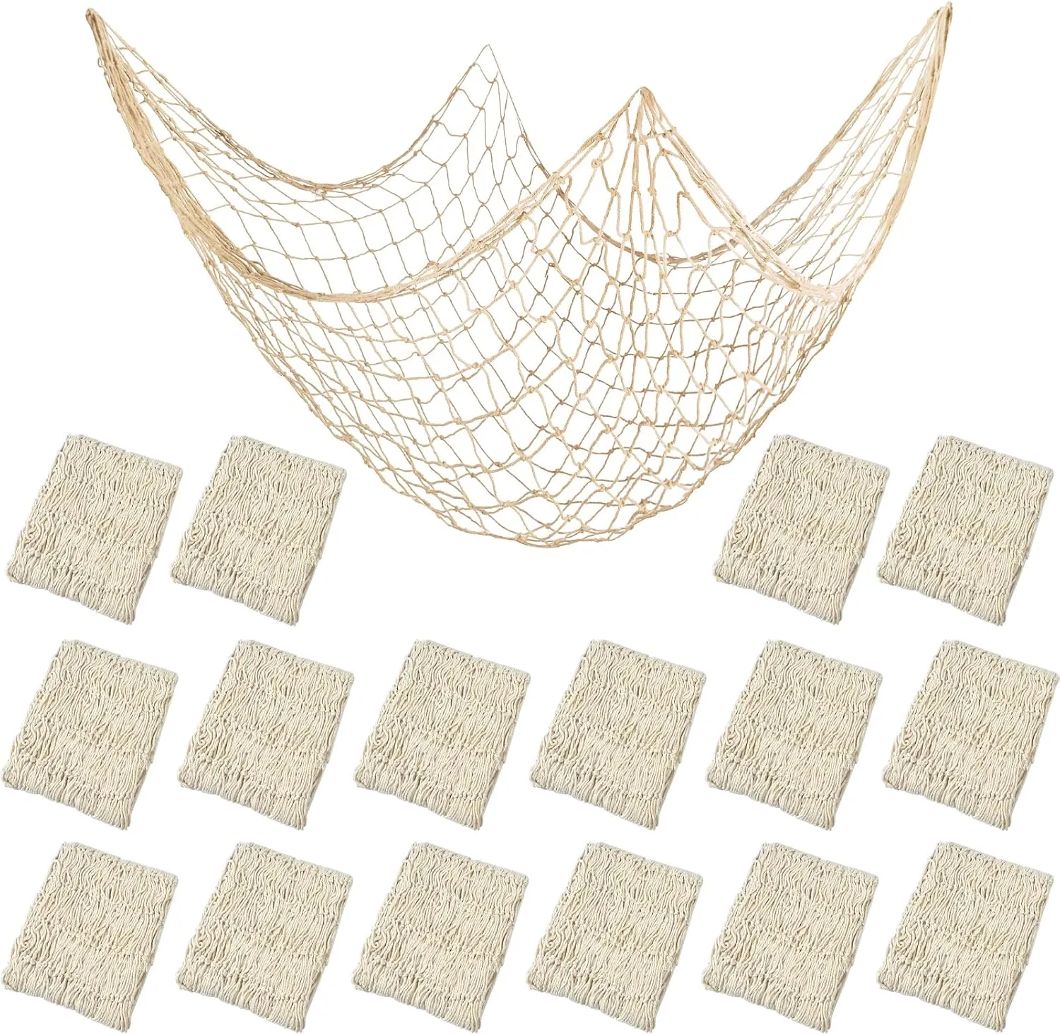 16 Pieces Natural Fish Net Decoration 80" x 40", Wall Hanging Cotton Fishnet Decor for Underwater, Mermaid, Pirate, Hawaiian, Nautical Ocean Theme Beach Bash Party Decoration (Beige)