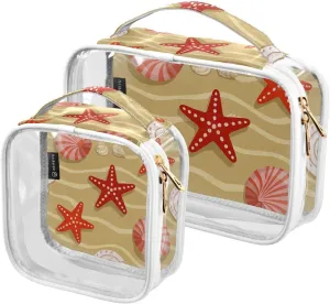 2 Pack Summer Beach Shell Starfish Beige clear decorative hanging toiletry bags TSA approved transparent bag travel cosmetic shaving essentials Bolsa de maquillaje