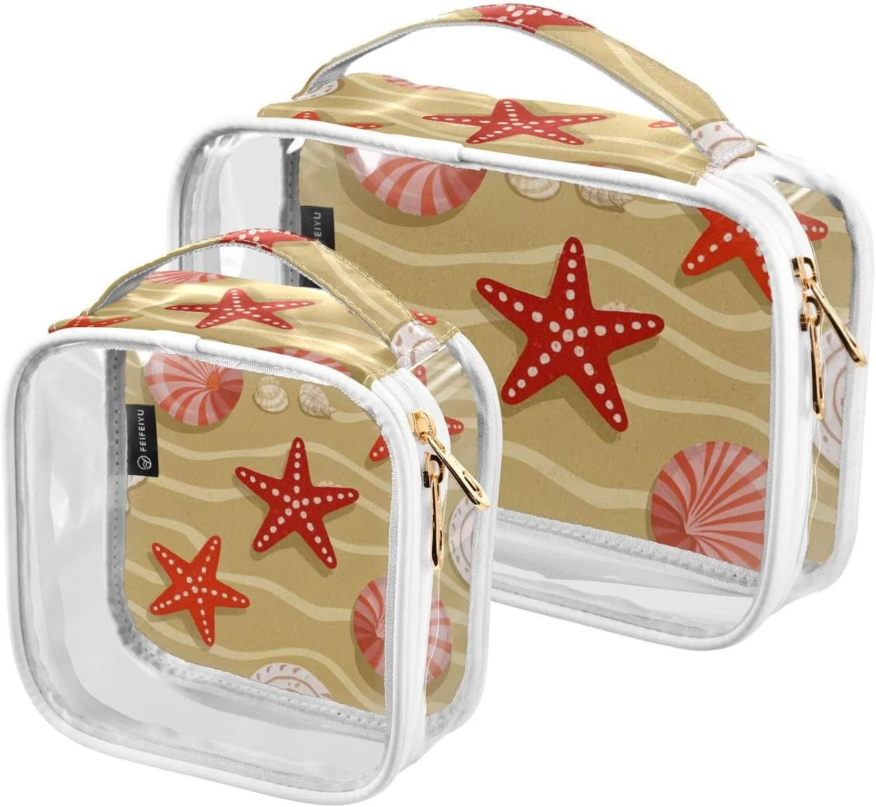 2 Pack Summer Beach Shell Starfish Beige clear decorative hanging toiletry bags TSA approved transparent bag travel cosmetic shaving essentials Bolsa de maquillaje