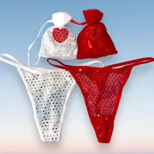 2 Pair Sequin Heart Thong Panty Bundle   Matching Cinch Pouches