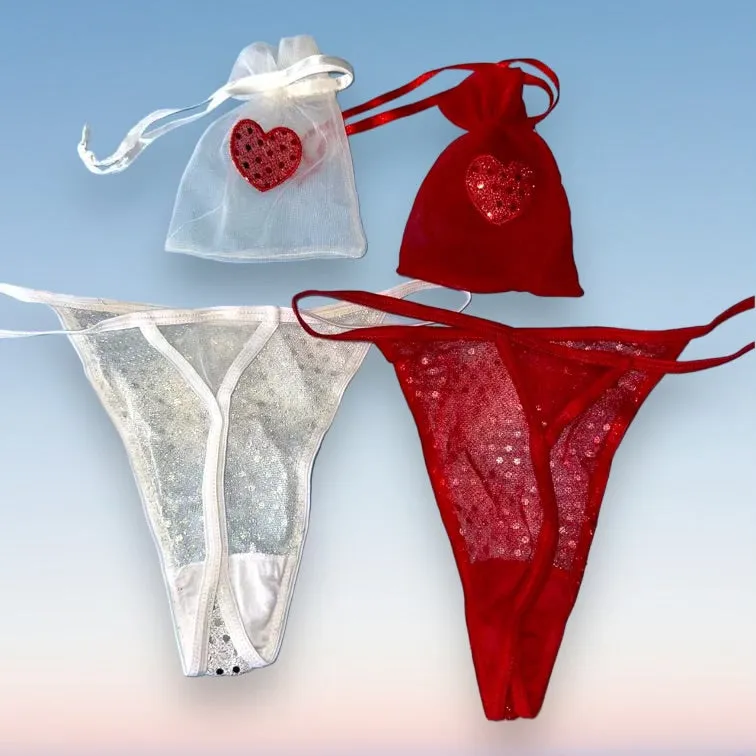2 Pair Sequin Heart Thong Panty Bundle   Matching Cinch Pouches