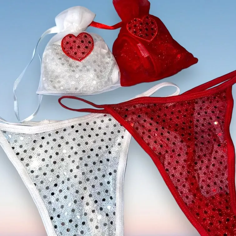 2 Pair Sequin Heart Thong Panty Bundle   Matching Cinch Pouches
