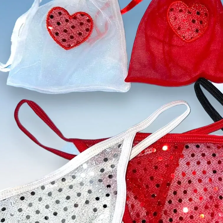 2 Pair Sequin Heart Thong Panty Bundle   Matching Cinch Pouches