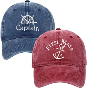 2 Pcs Captain Hat and First Mate Hat Set Matching Skipper Boating Baseball Caps Nautical Marine Sailor Embroidered Hat