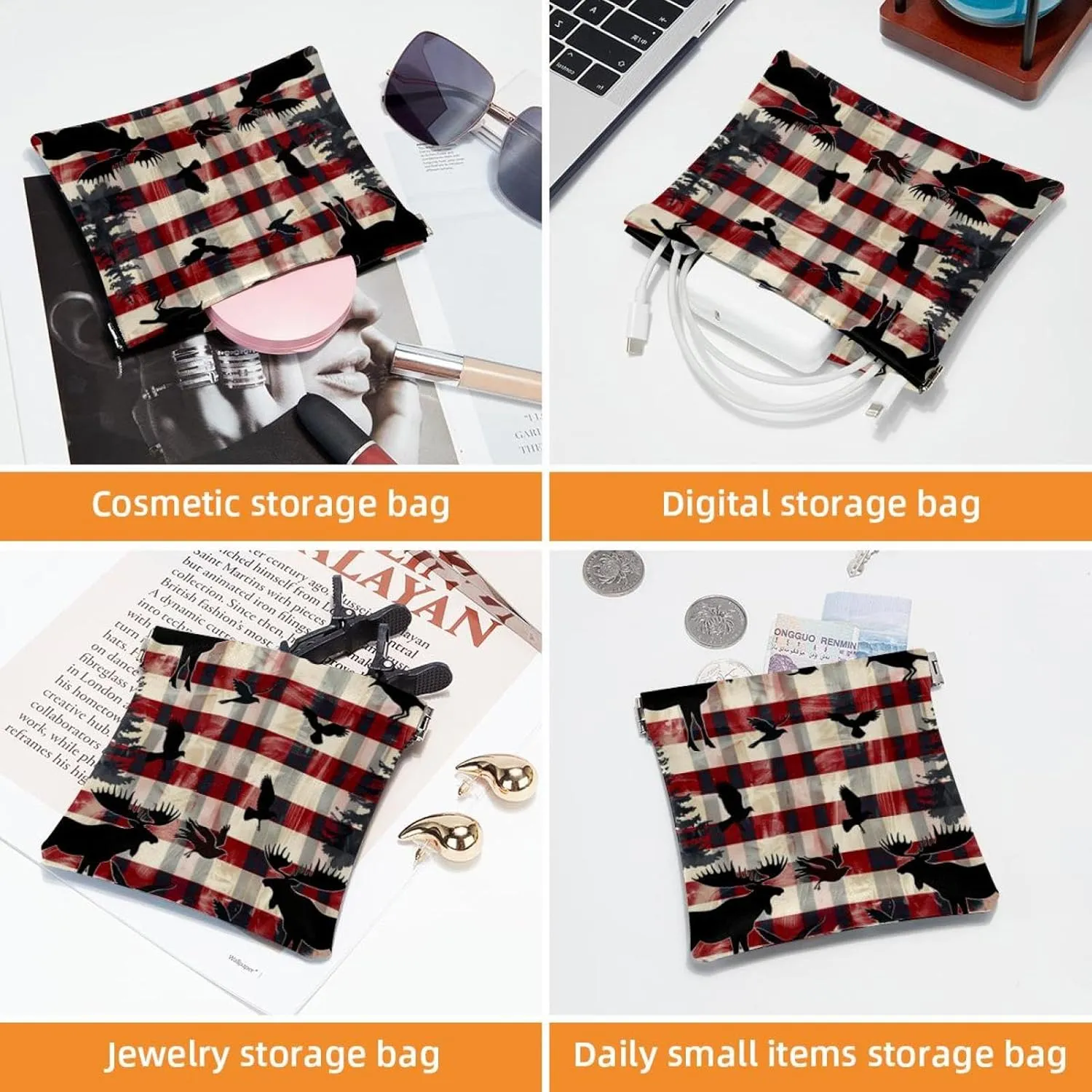 2 Pcs Faux Leather Makeup Bag Set, Small Storage Bags for Purses, Mini Makeup Bag, Lipstick Cosmetic Accessories Organizer, Christmas Checkered Elk Snowflake