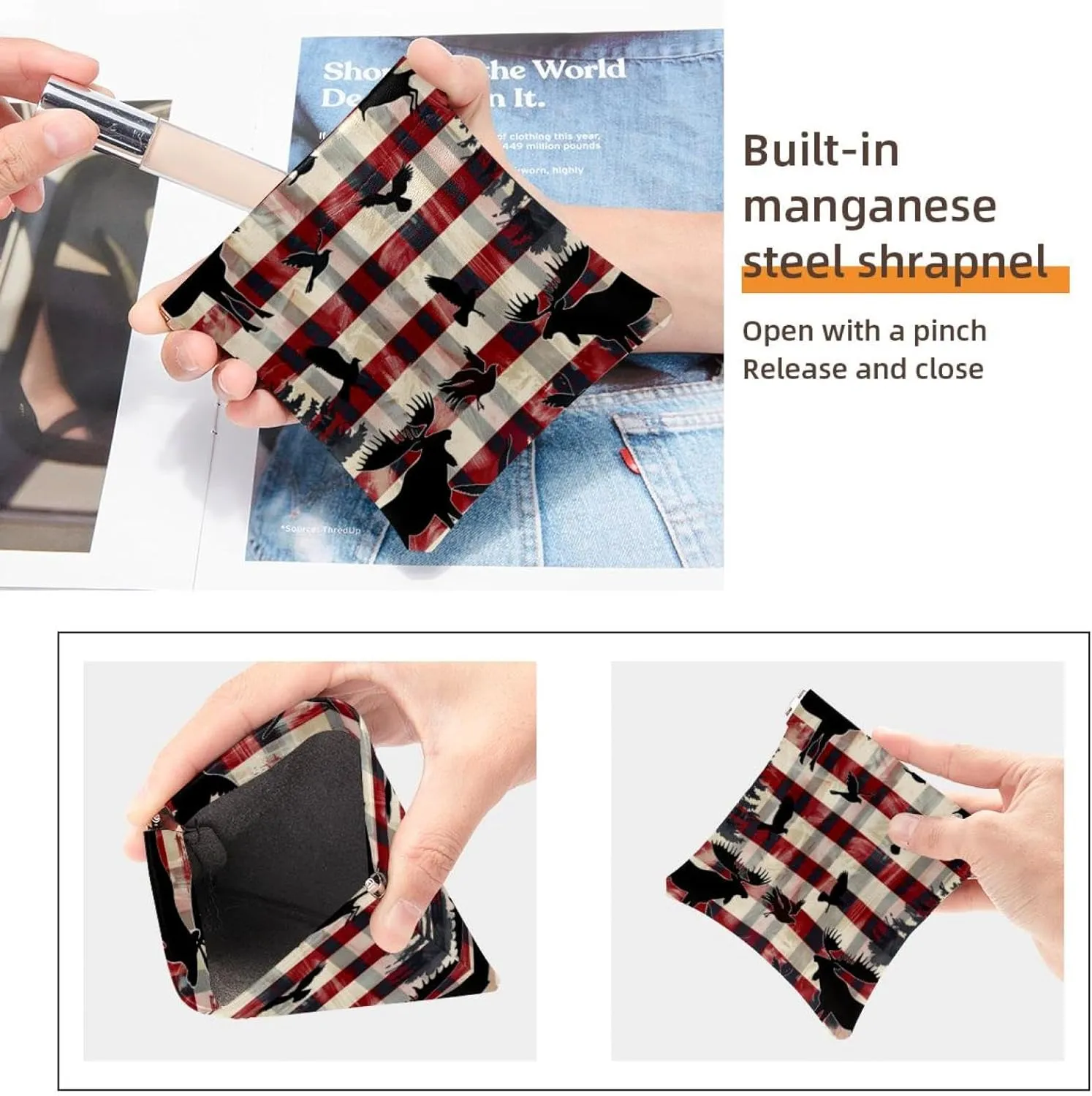 2 Pcs Faux Leather Makeup Bag Set, Small Storage Bags for Purses, Mini Makeup Bag, Lipstick Cosmetic Accessories Organizer, Christmas Checkered Elk Snowflake