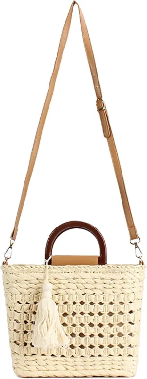 2025 Summer Straw Woven Tote Bag Tassel Beach Bag Vacation Crossbody Purse Drawstring Versatile Accessory