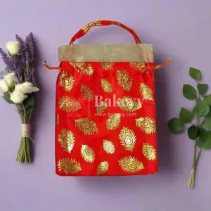 20x25 CM Design potli Bag  | Red with Golden Peacock feathers | Pack Of 10