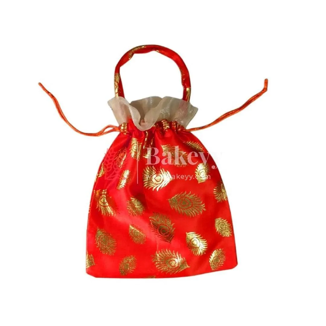 20x25 CM Design potli Bag  | Red with Golden Peacock feathers | Pack Of 10