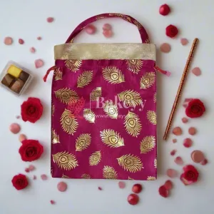 20x25 CM  Design potli Bag  | Rose Pink with Golden Peacock feathers | Pack Of 10