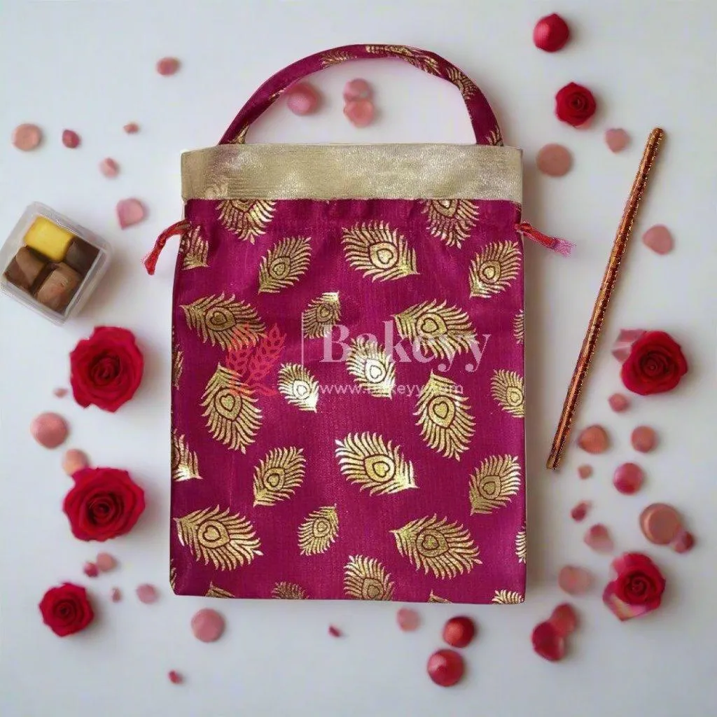 20x25 CM  Design potli Bag  | Rose Pink with Golden Peacock feathers | Pack Of 10