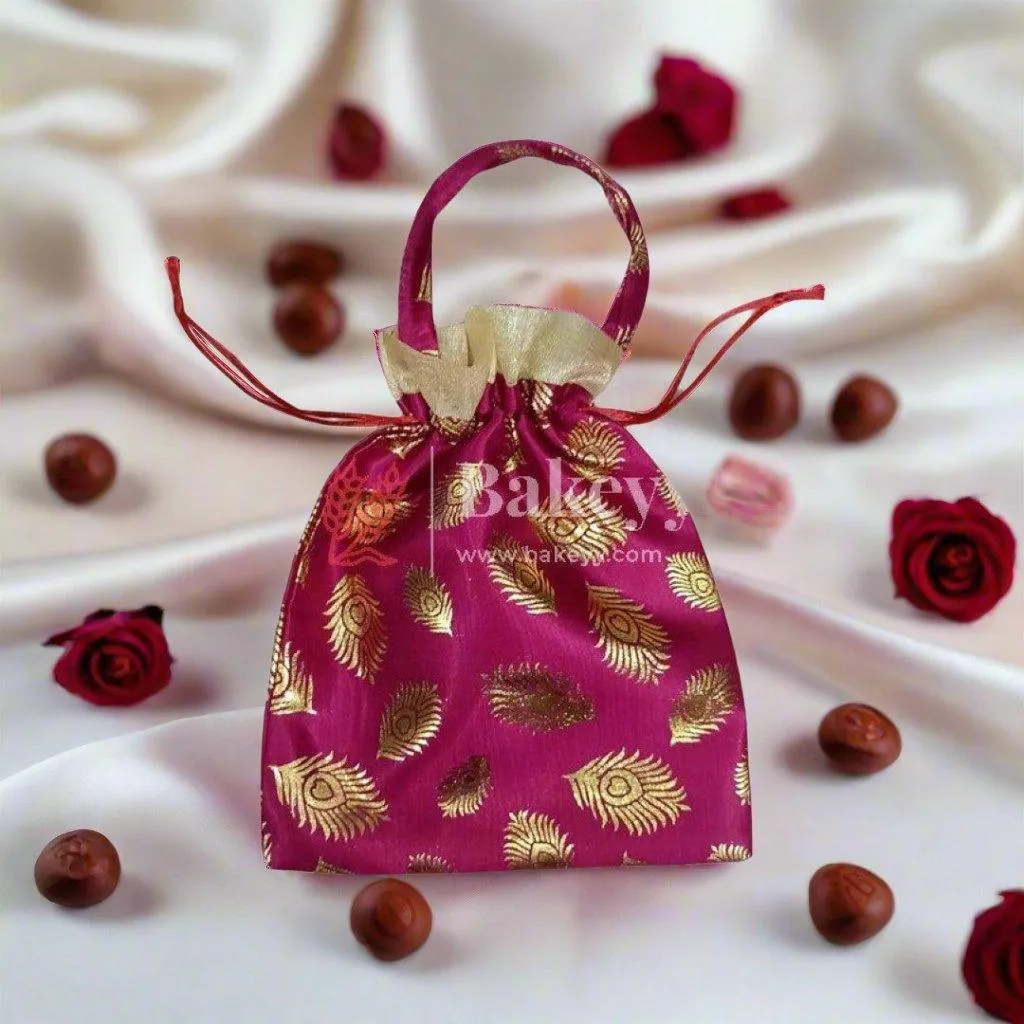 20x25 CM  Design potli Bag  | Rose Pink with Golden Peacock feathers | Pack Of 10