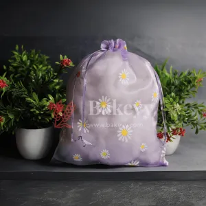 20x25 CM | Floral Design Organza Potli Bags | Purple Color | Candy Bag | Pack 0f 50