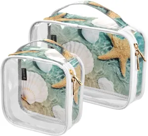2Pcs Clear Toiletry Bag Set with Zipper Starfish and Seashell on Beach Cosmetic Bag for Travel Makeup Organizer Women Men