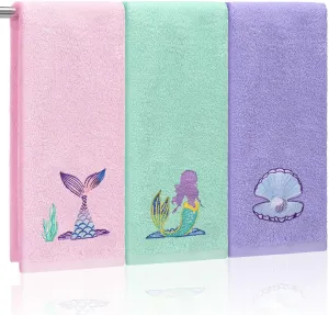 3 Pcs Watercolor Mermaid Hand Towels 14 x 29 Inch Cotton Embroidered Mermaid Shell Beach Bathroom Towels Sea Ocean Bathroom Decorative for Home Drying Cleaning Cooking Gift