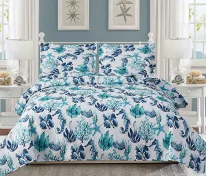 3-Piece Green Seascape Lightweight Quilt Set,Beach Ocean Themed Bedspread Coverlet,Coastal Marine Life Sea-Weed Seashell Seahorse Starfish Scallop Bed Cover Seaside Bedding Set (Green Corals,Twin)