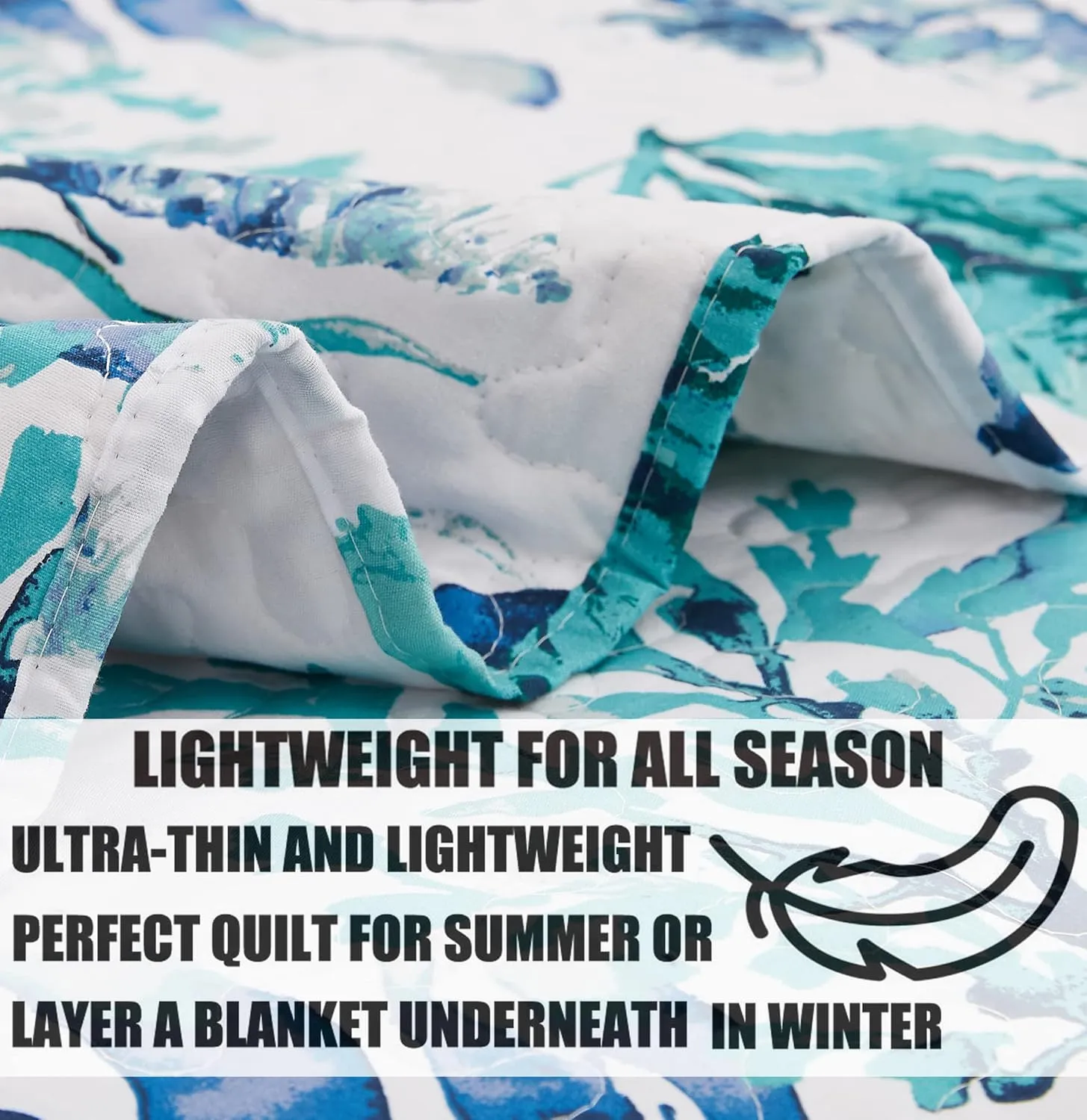 3-Piece Green Seascape Lightweight Quilt Set,Beach Ocean Themed Bedspread Coverlet,Coastal Marine Life Sea-Weed Seashell Seahorse Starfish Scallop Bed Cover Seaside Bedding Set (Green Corals,Twin)