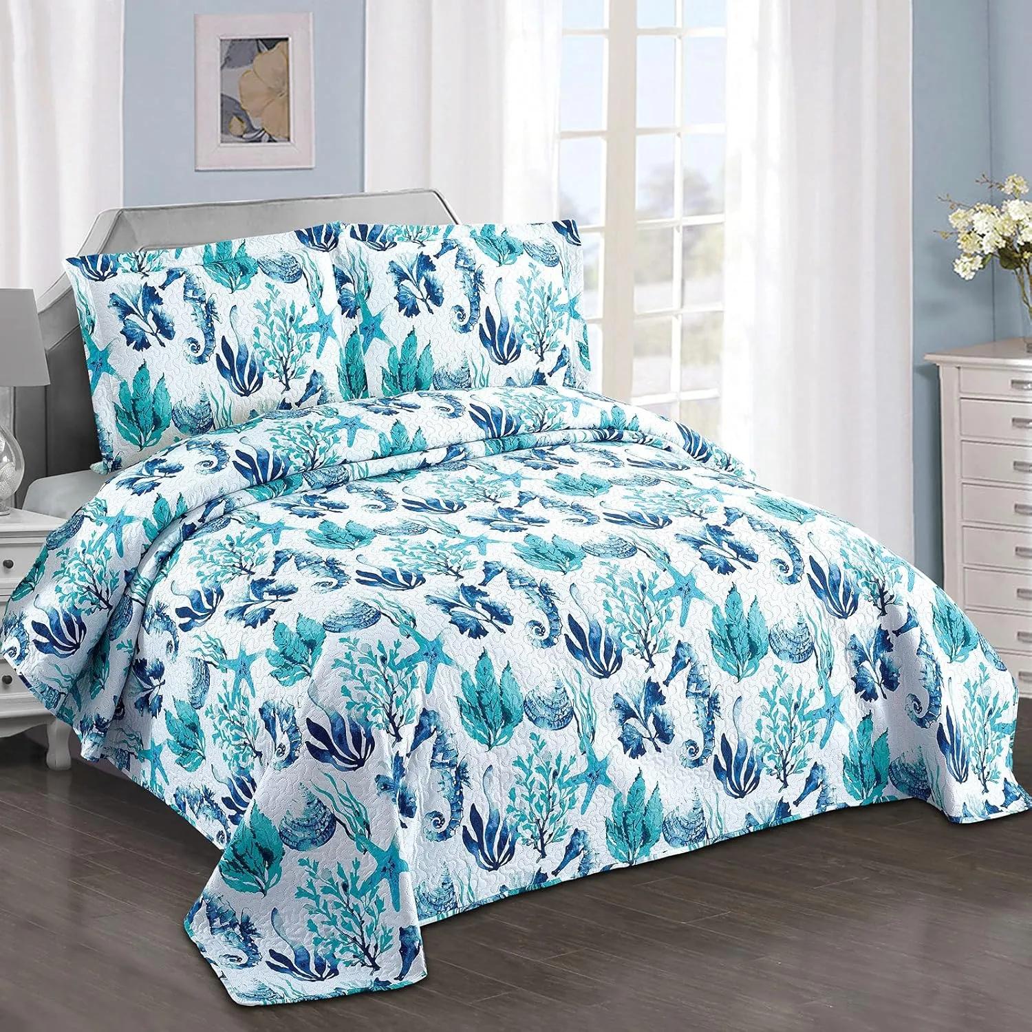3-Piece Green Seascape Lightweight Quilt Set,Beach Ocean Themed Bedspread Coverlet,Coastal Marine Life Sea-Weed Seashell Seahorse Starfish Scallop Bed Cover Seaside Bedding Set (Green Corals,Twin)