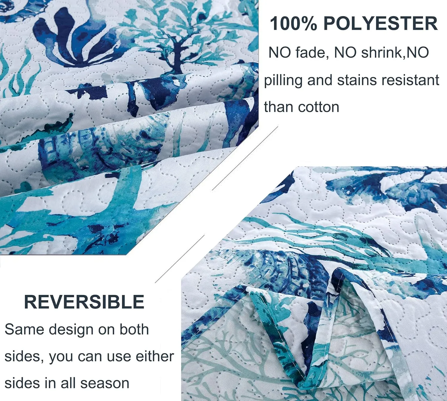 3-Piece Green Seascape Lightweight Quilt Set,Beach Ocean Themed Bedspread Coverlet,Coastal Marine Life Sea-Weed Seashell Seahorse Starfish Scallop Bed Cover Seaside Bedding Set (Green Corals,Twin)